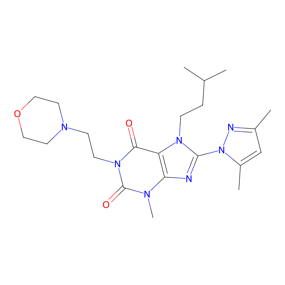 8-(3,5-dimethyl-1H-pyrazol-1-yl)-7-isopentyl-3-methyl-1-(2-morpholinoethyl)-1H-purine-2,6(3H,7H)-dione molecular structure, CAS 1014029-73-2