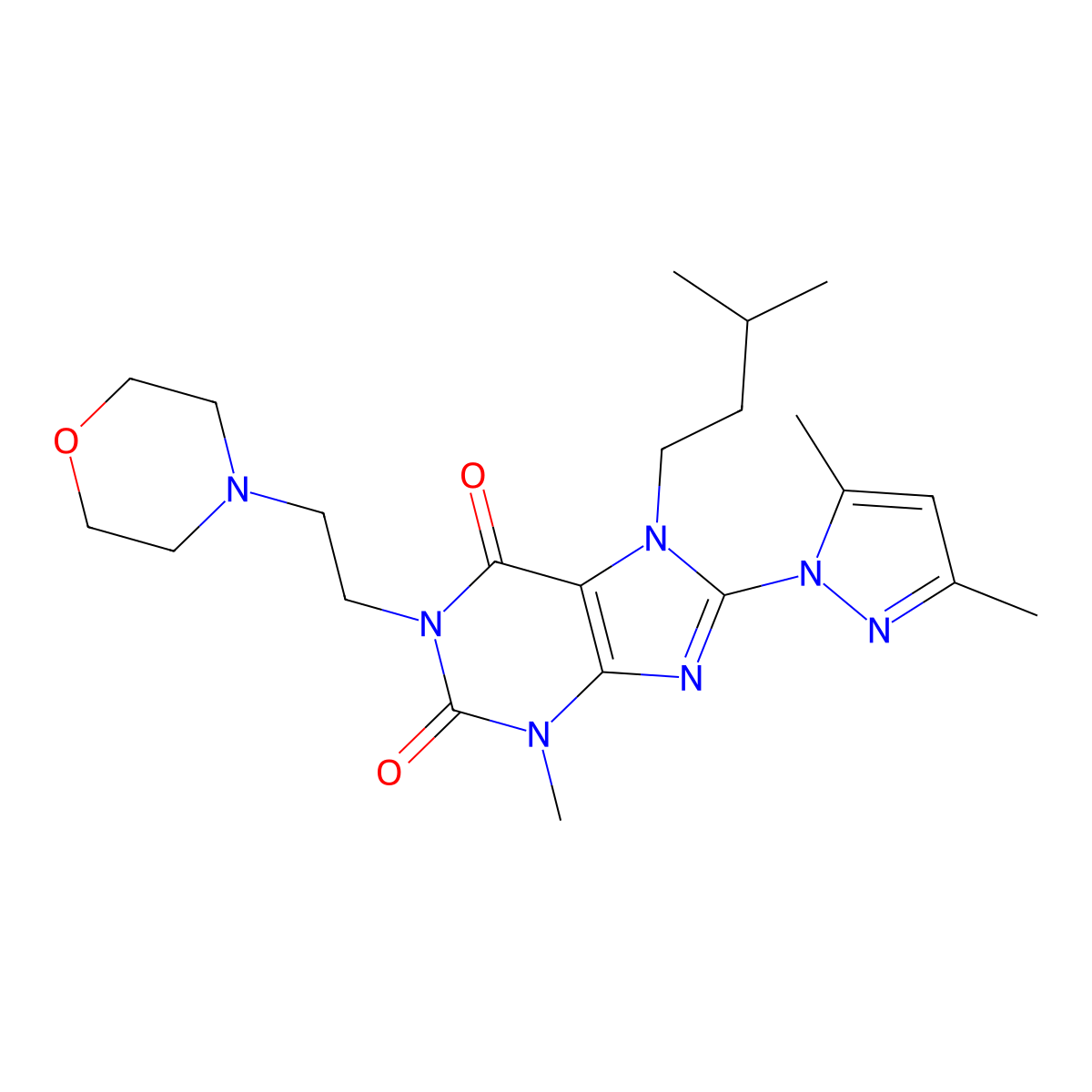 8-(3,5-dimethyl-1H-pyrazol-1-yl)-7-isopentyl-3-methyl-1-(2-morpholinoethyl)-1H-purine-2,6(3H,7H)-dione molecular structure, CAS 1014029-73-2