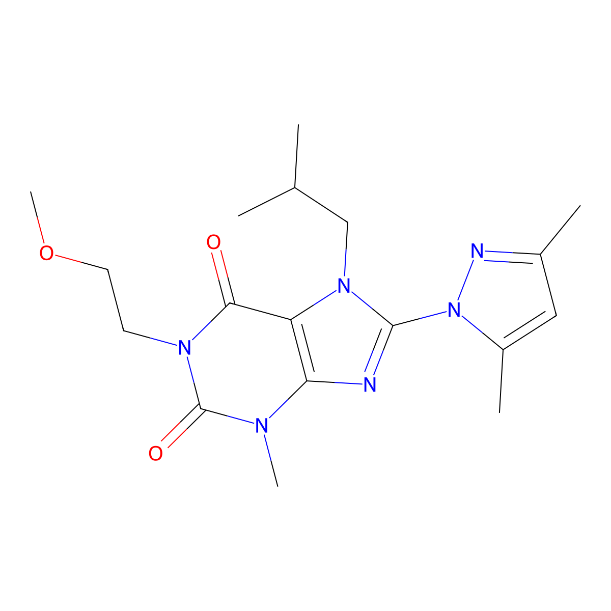 8-(3,5-dimethyl-1H-pyrazol-1-yl)-7-isobutyl-1-(2-methoxyethyl)-3-methyl-1H-purine-2,6(3H,7H)-dione molecular structure, CAS 1014029-80-1