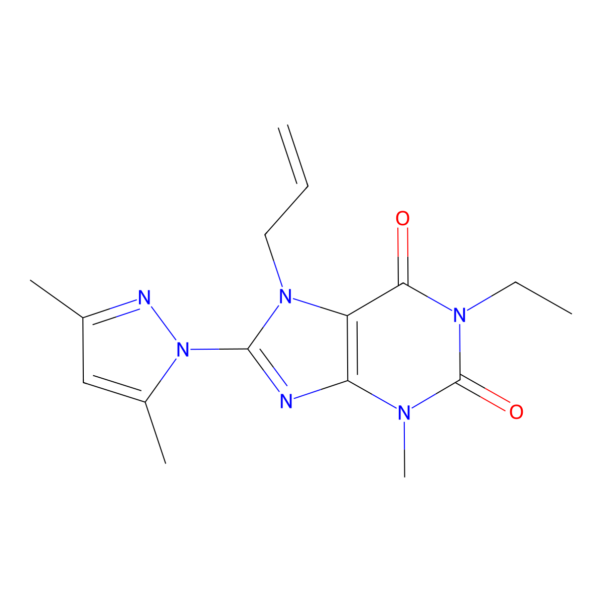 8-(3,5-dimethyl-1H-pyrazol-1-yl)-1-ethyl-3-methyl-7-(prop-2-en-1-yl)-2,3,6,7-tetrahydro-1H-purine-2,6-dione molecular structure, CAS 1014029-87-8