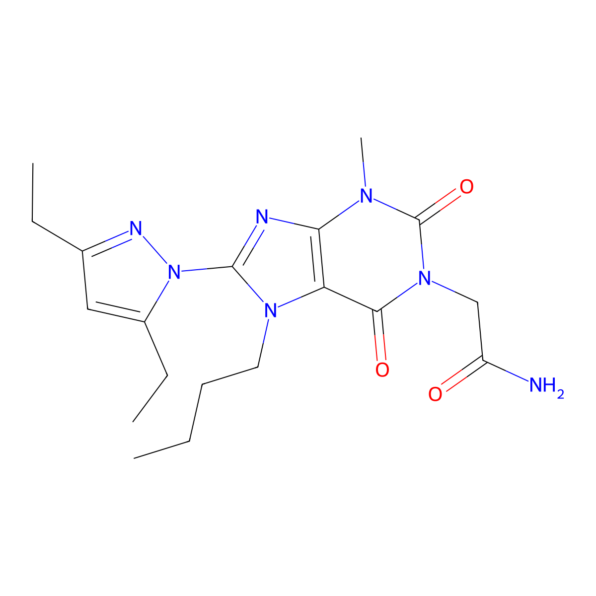 2-[7-butyl-8-(3,5-diethyl-1H-pyrazol-1-yl)-3-methyl-2,6-dioxo-2,3,6,7-tetrahydro-1H-purin-1-yl]acetamide molecular structure, CAS 1014029-99-2