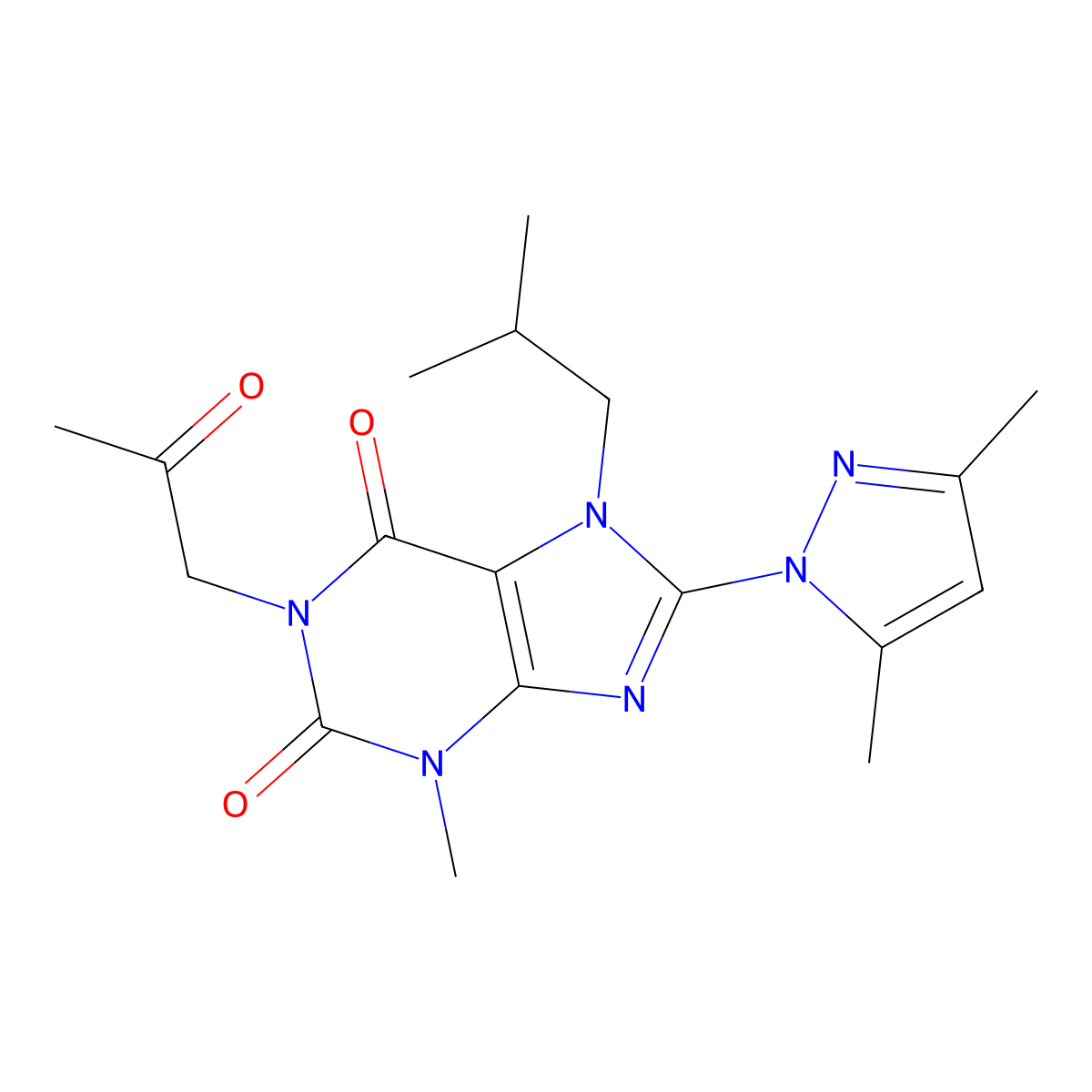 8-(3,5-Dimethylpyrazolyl)-3-methyl-7-(2-methylpropyl)-1-(2-oxopropyl)-1,3,7-tr ihydropurine-2,6-dione molecular structure, CAS 1014030-22-8