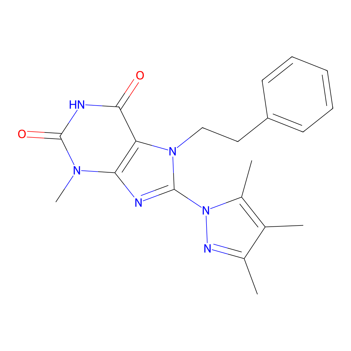 3-Methyl-7-phenethyl-8-(3,4,5-trimethyl-1H-pyrazol-1-yl)-1H-purine-2,6(3H,7H)-dione molecular structure, CAS 1014030-43-3