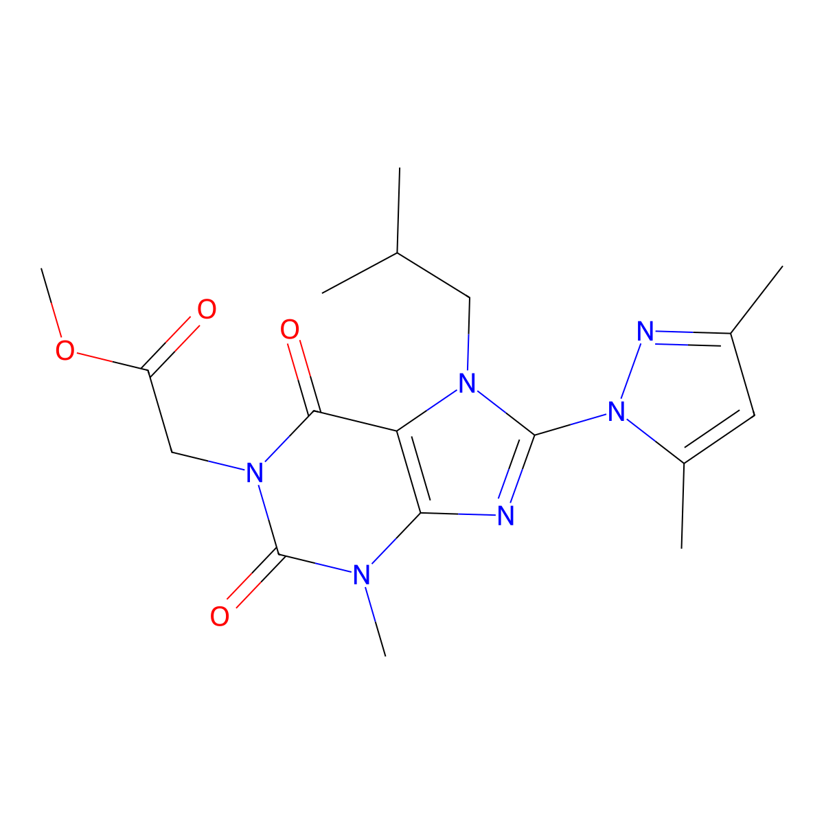 methyl 2-(8-(3,5-dimethyl-1H-pyrazol-1-yl)-7-isobutyl-3-methyl-2,6-dioxo-2,3,6,7-tetrahydro-1H-purin-1-yl)acetate molecular structure, CAS 1014030-45-5