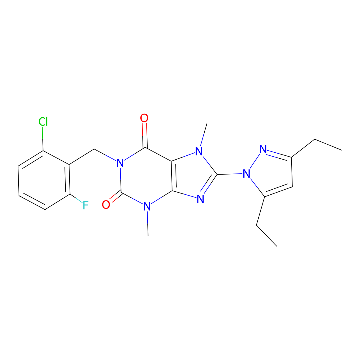 1-[(2-chloro-6-fluorophenyl)methyl]-8-(3,5-diethyl-1H-pyrazol-1-yl)-3,7-dimethyl-2,3,6,7-tetrahydro-1H-purine-2,6-dione molecular structure, CAS 1014030-56-8