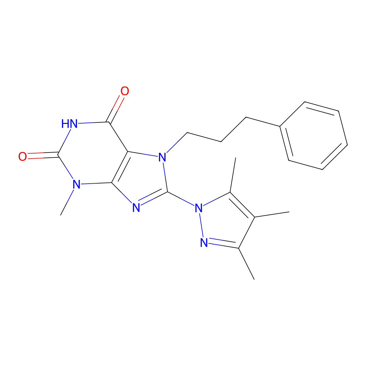 3-methyl-7-(3-phenylpropyl)-8-(3,4,5-trimethyl-1H-pyrazol-1-yl)-2,3,6,7-tetrahydro-1H-purine-2,6-dione molecular structure, CAS 1014030-61-5