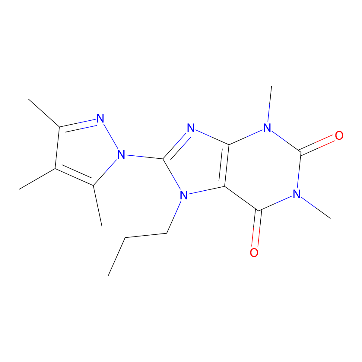 1,3-dimethyl-7-propyl-8-(3,4,5-trimethyl-1H-pyrazol-1-yl)-2,3,6,7-tetrahydro-1H-purine-2,6-dione molecular structure, CAS 1014030-79-5