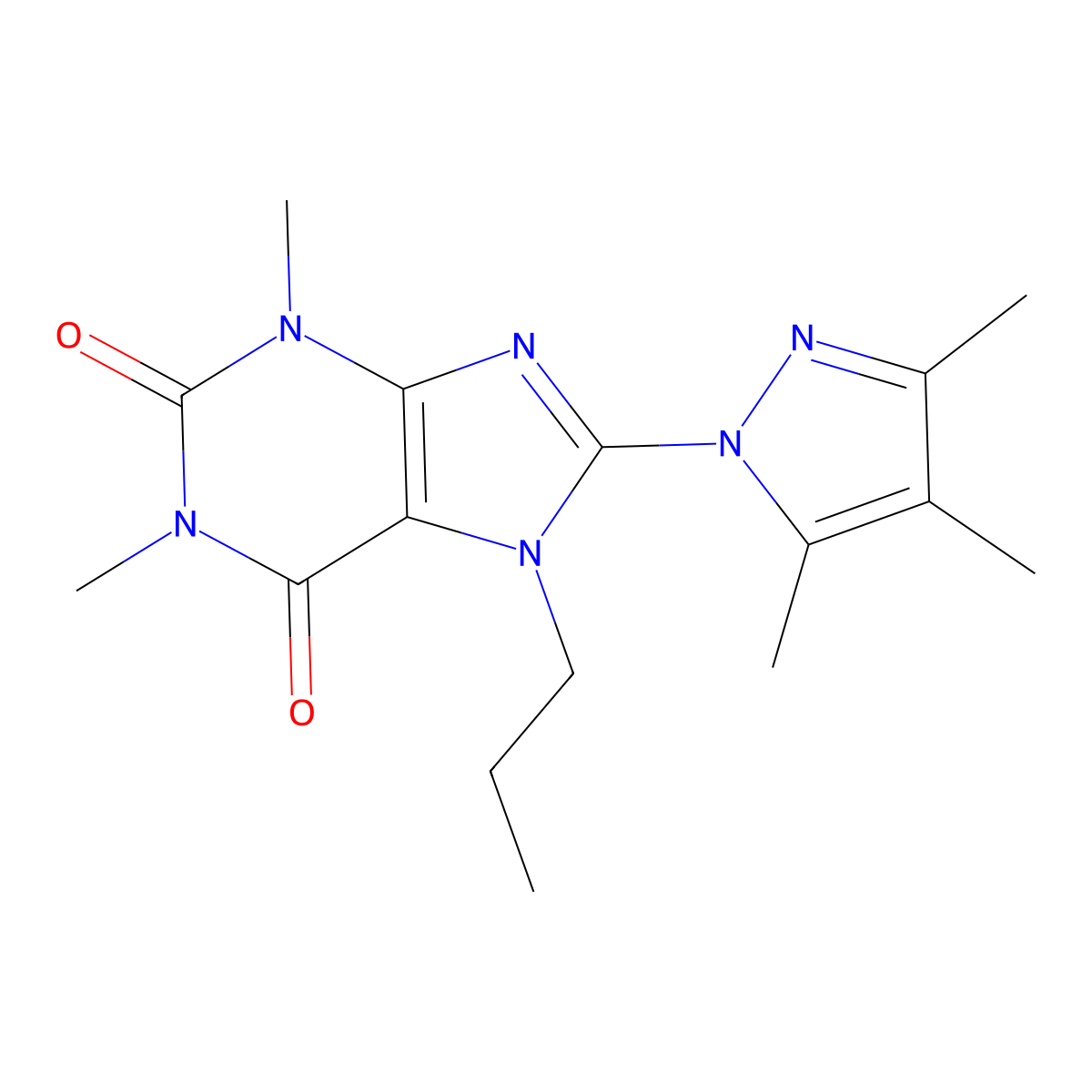1,3-dimethyl-7-propyl-8-(3,4,5-trimethyl-1H-pyrazol-1-yl)-2,3,6,7-tetrahydro-1H-purine-2,6-dione molecular structure, CAS 1014030-79-5