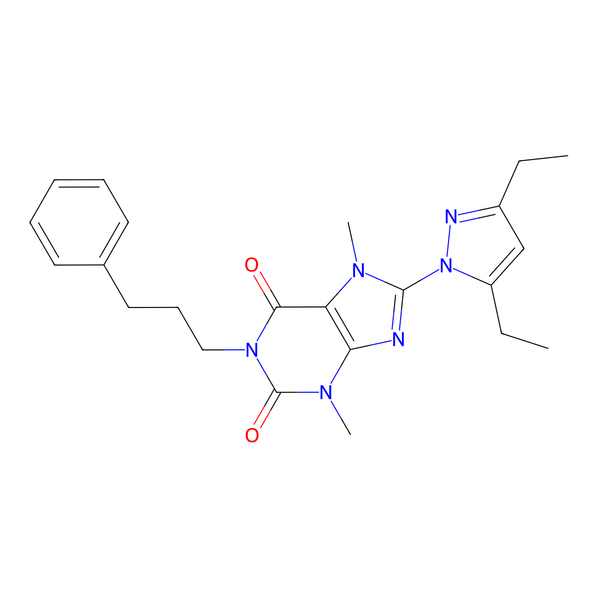 8-(3,5-diethyl-1H-pyrazol-1-yl)-3,7-dimethyl-1-(3-phenylpropyl)-1H-purine-2,6(3H,7H)-dione molecular structure, CAS 1014030-84-2