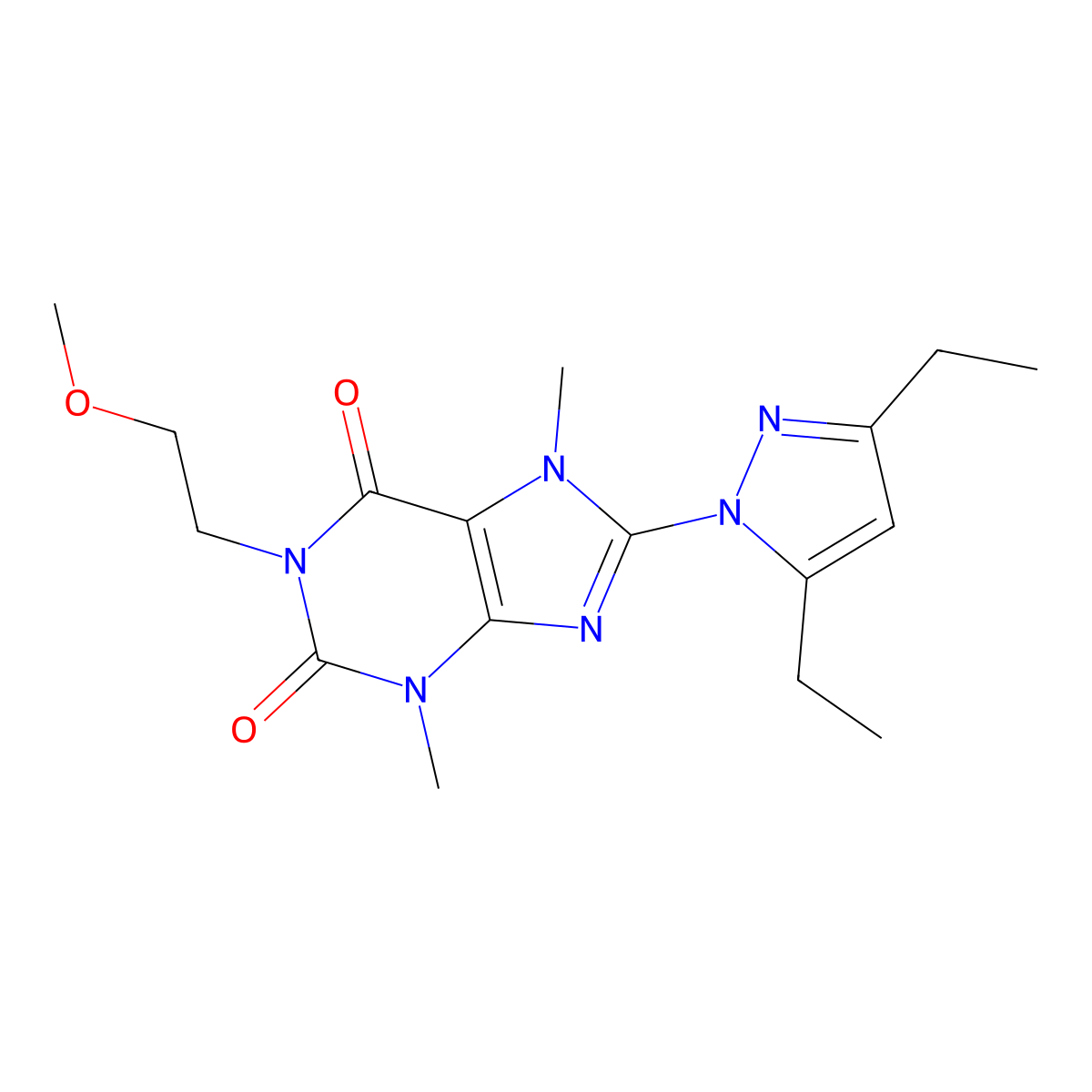 8-(3,5-diethyl-1H-pyrazol-1-yl)-1-(2-methoxyethyl)-3,7-dimethyl-2,3,6,7-tetrahydro-1H-purine-2,6-dione molecular structure, CAS 1014030-90-0