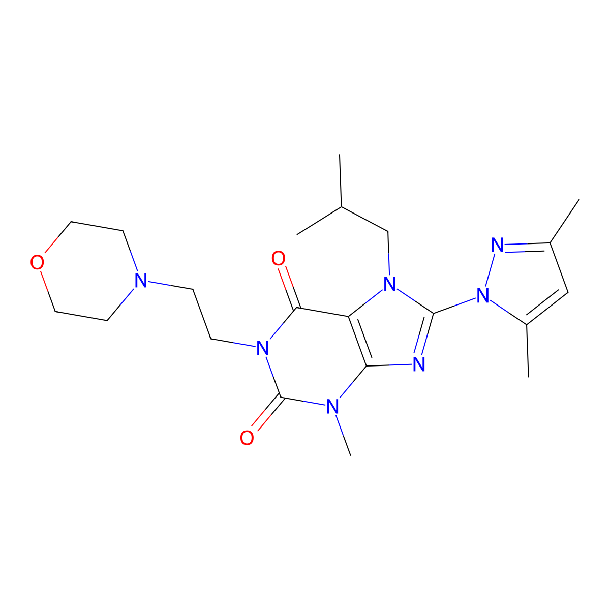 8-(3,5-dimethyl-1H-pyrazol-1-yl)-7-isobutyl-3-methyl-1-(2-morpholinoethyl)-1H-purine-2,6(3H,7H)-dione molecular structure, CAS 1014030-98-8