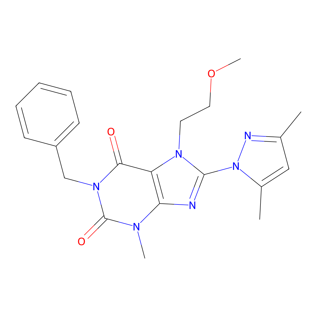 1-benzyl-8-(3,5-dimethyl-1H-pyrazol-1-yl)-7-(2-methoxyethyl)-3-methyl-1H-purine-2,6(3H,7H)-dione molecular structure, CAS 1014031-07-2