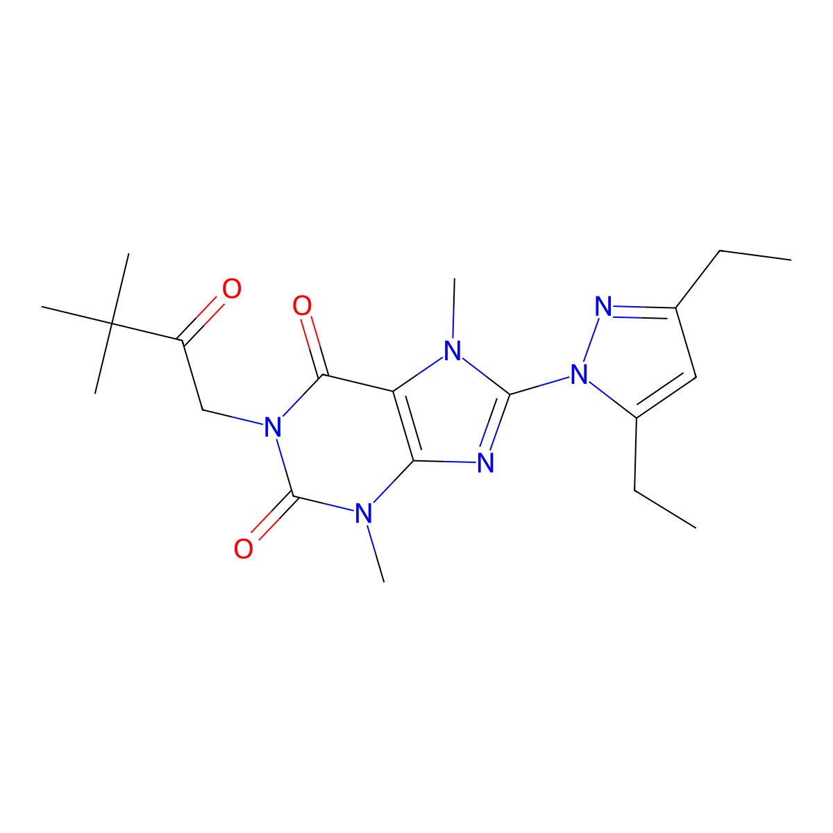 8-(3,5-diethyl-1H-pyrazol-1-yl)-1-(3,3-dimethyl-2-oxobutyl)-3,7-dimethyl-1H-purine-2,6(3H,7H)-dione molecular structure, CAS 1014031-20-9