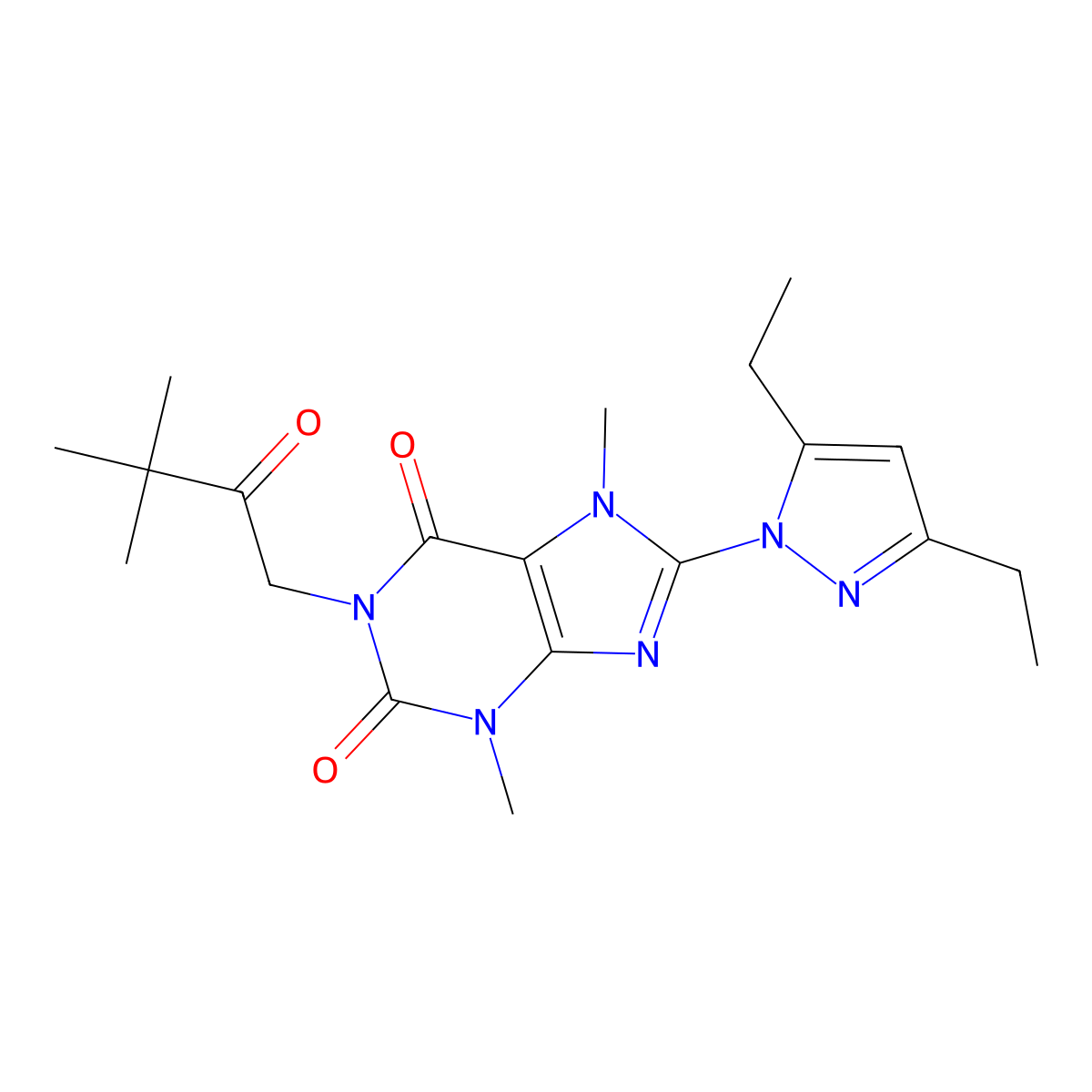 8-(3,5-diethyl-1H-pyrazol-1-yl)-1-(3,3-dimethyl-2-oxobutyl)-3,7-dimethyl-1H-purine-2,6(3H,7H)-dione molecular structure, CAS 1014031-20-9