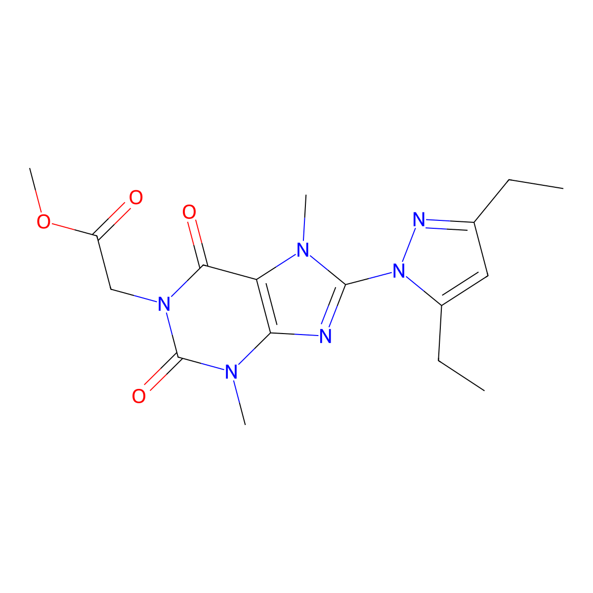 methyl 2-(8-(3,5-diethyl-1H-pyrazol-1-yl)-3,7-dimethyl-2,6-dioxo-2,3,6,7-tetrahydro-1H-purin-1-yl)acetate molecular structure, CAS 1014031-26-5