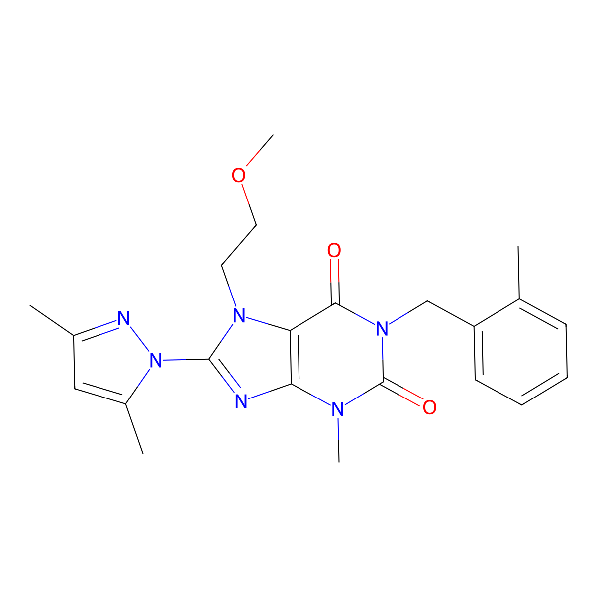 8-(3,5-dimethyl-1H-pyrazol-1-yl)-7-(2-methoxyethyl)-3-methyl-1-(2-methylbenzyl)-1H-purine-2,6(3H,7H)-dione molecular structure, CAS 1014031-28-7