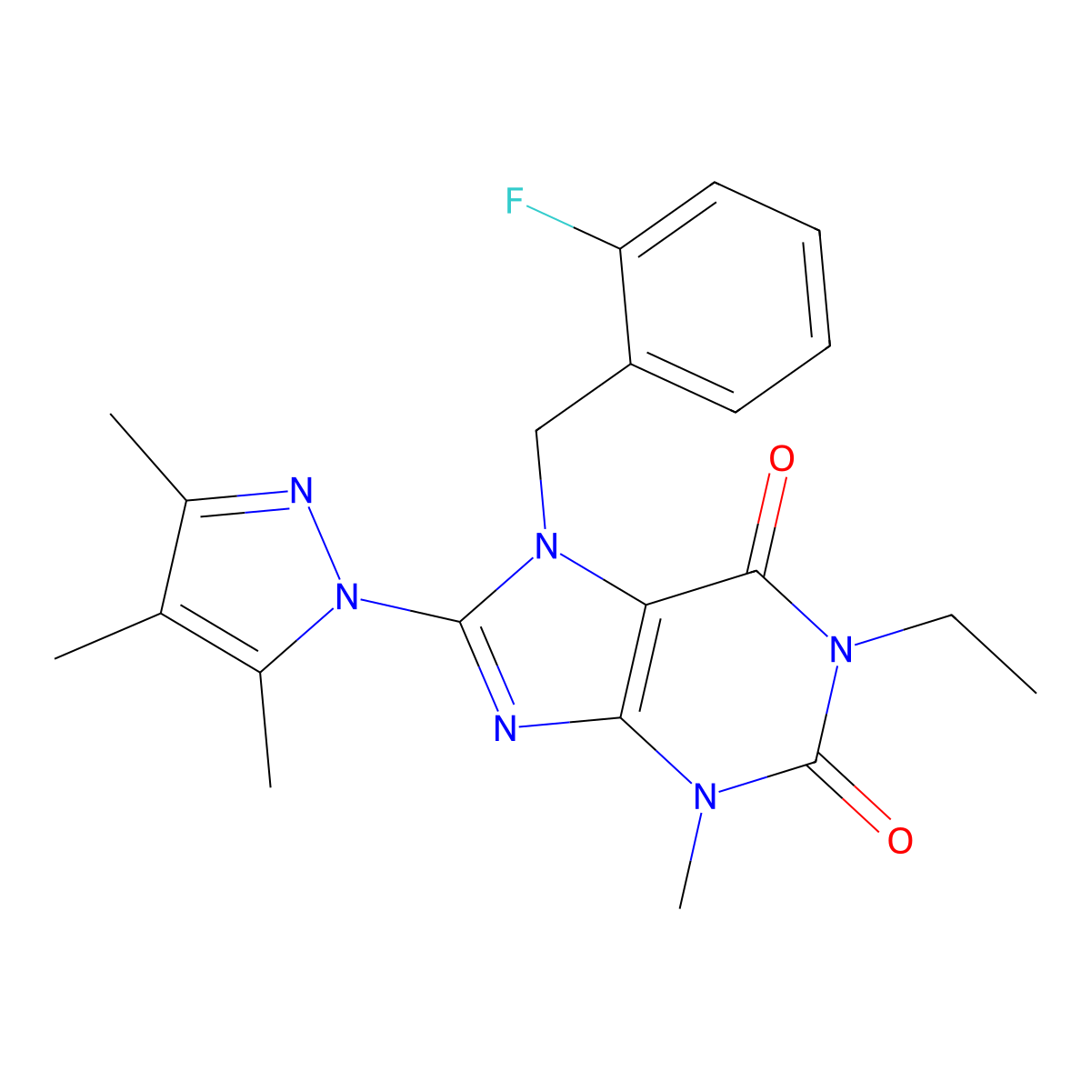 1-ethyl-7-(2-fluorobenzyl)-3-methyl-8-(3,4,5-trimethyl-1H-pyrazol-1-yl)-1H-purine-2,6(3H,7H)-dione molecular structure, CAS 1014031-31-2