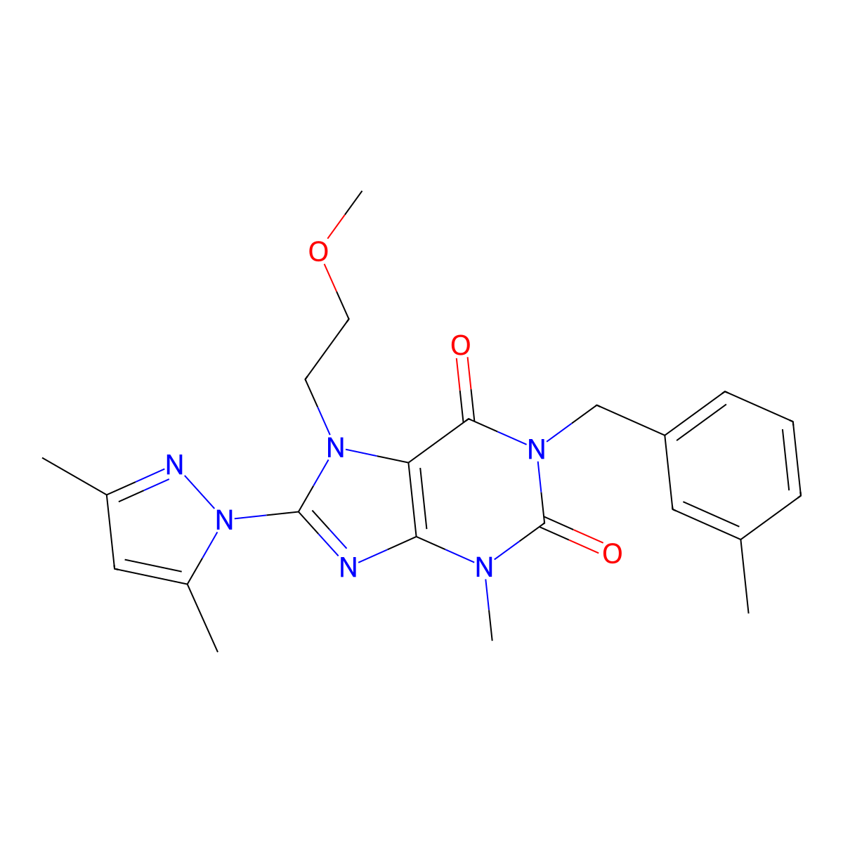 8-(3,5-dimethyl-1H-pyrazol-1-yl)-7-(2-methoxyethyl)-3-methyl-1-(3-methylbenzyl)-1H-purine-2,6(3H,7H)-dione molecular structure, CAS 1014031-45-8