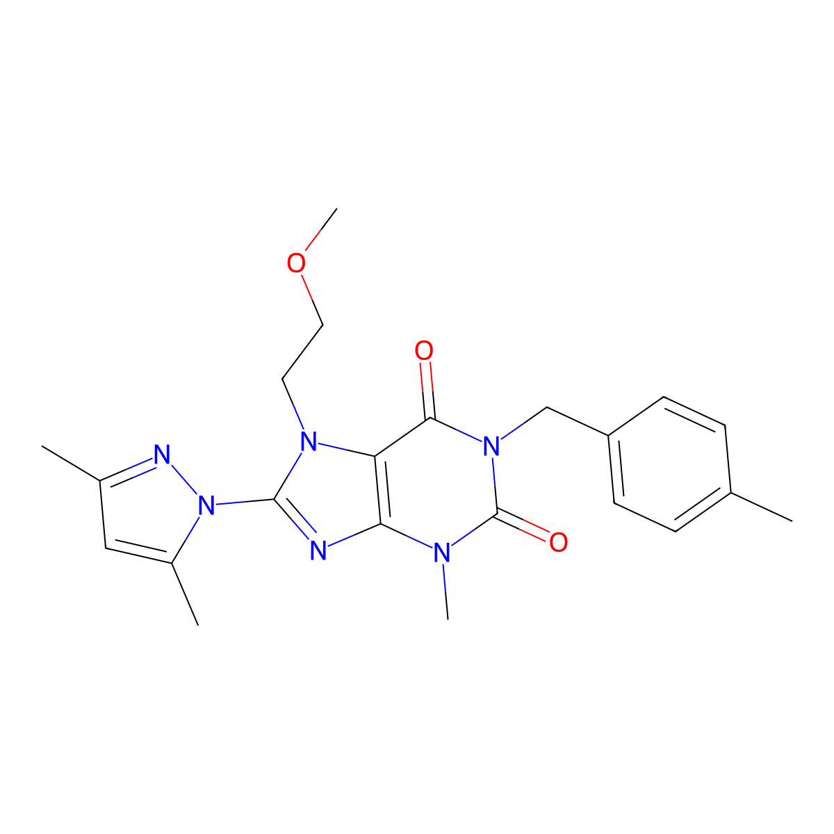 8-(3,5-dimethyl-1H-pyrazol-1-yl)-7-(2-methoxyethyl)-3-methyl-1-(4-methylbenzyl)-1H-purine-2,6(3H,7H)-dione molecular structure, CAS 1014031-56-1