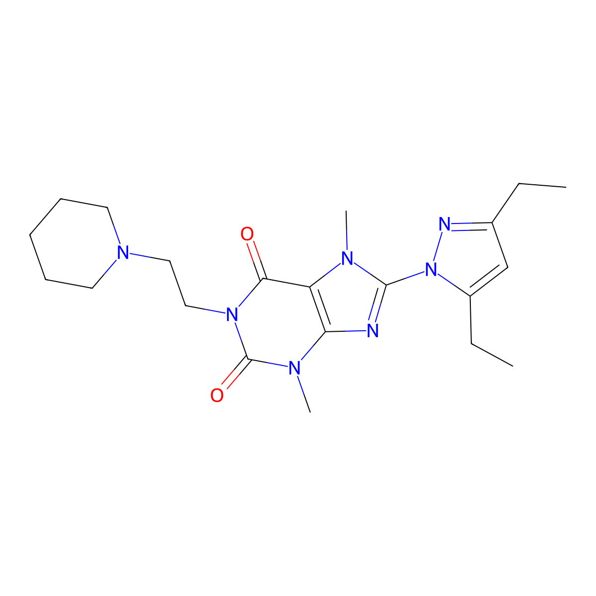 8-(3,5-diethyl-1H-pyrazol-1-yl)-3,7-dimethyl-1-(2-(piperidin-1-yl)ethyl)-1H-purine-2,6(3H,7H)-dione molecular structure, CAS 1014031-57-2