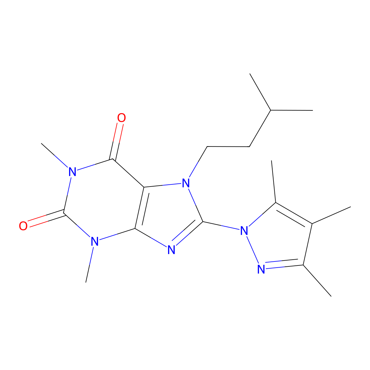 1,3-dimethyl-7-(3-methylbutyl)-8-(3,4,5-trimethyl-1H-pyrazol-1-yl)-2,3,6,7-tetrahydro-1H-purine-2,6-dione molecular structure, CAS 1014031-60-7