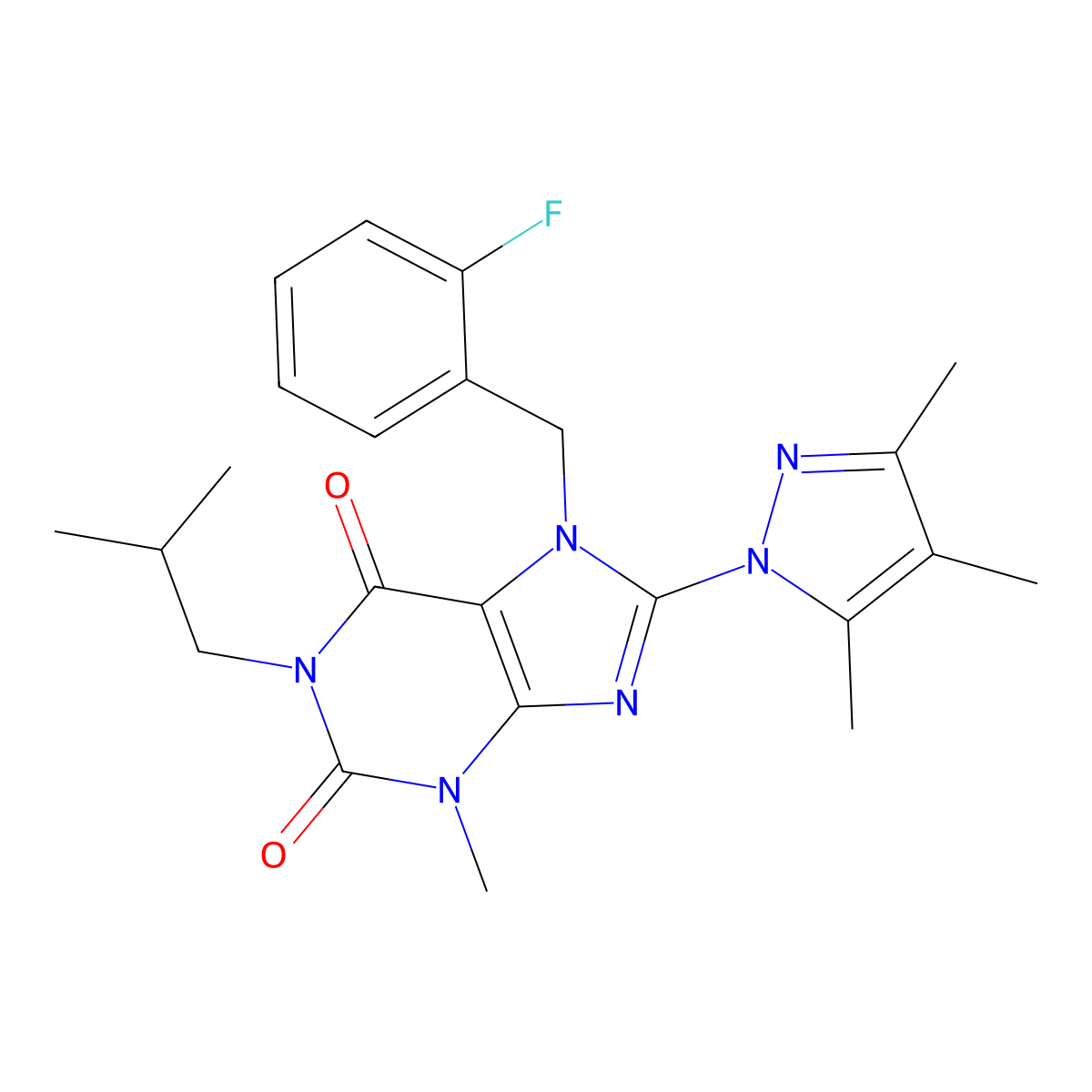 7-(2-fluorobenzyl)-1-isobutyl-3-methyl-8-(3,4,5-trimethyl-1H-pyrazol-1-yl)-1H-purine-2,6(3H,7H)-dione molecular structure, CAS 1014031-64-1