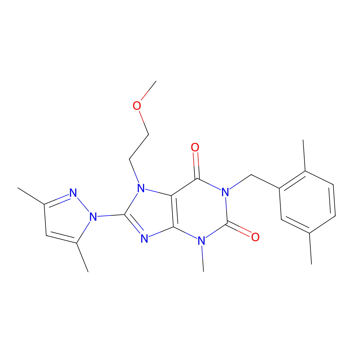 8-(3,5-dimethyl-1H-pyrazol-1-yl)-1-(2,5-dimethylbenzyl)-7-(2-methoxyethyl)-3-methyl-1H-purine-2,6(3H,7H)-dione molecular structure, CAS 1014031-65-2