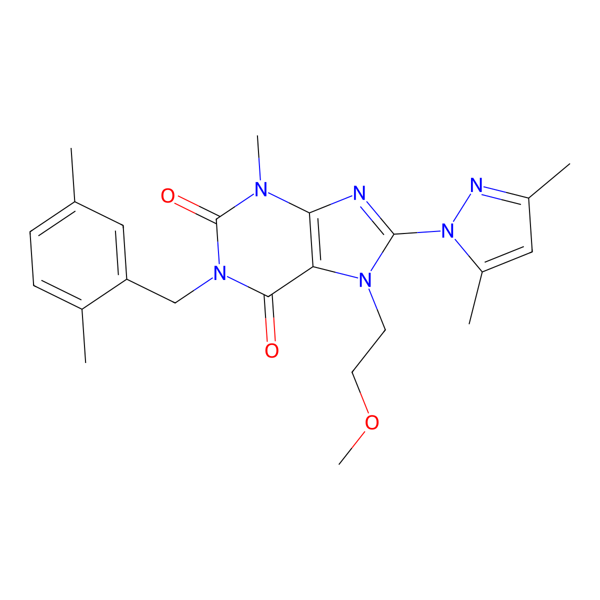 8-(3,5-dimethyl-1H-pyrazol-1-yl)-1-(2,5-dimethylbenzyl)-7-(2-methoxyethyl)-3-methyl-1H-purine-2,6(3H,7H)-dione molecular structure, CAS 1014031-65-2