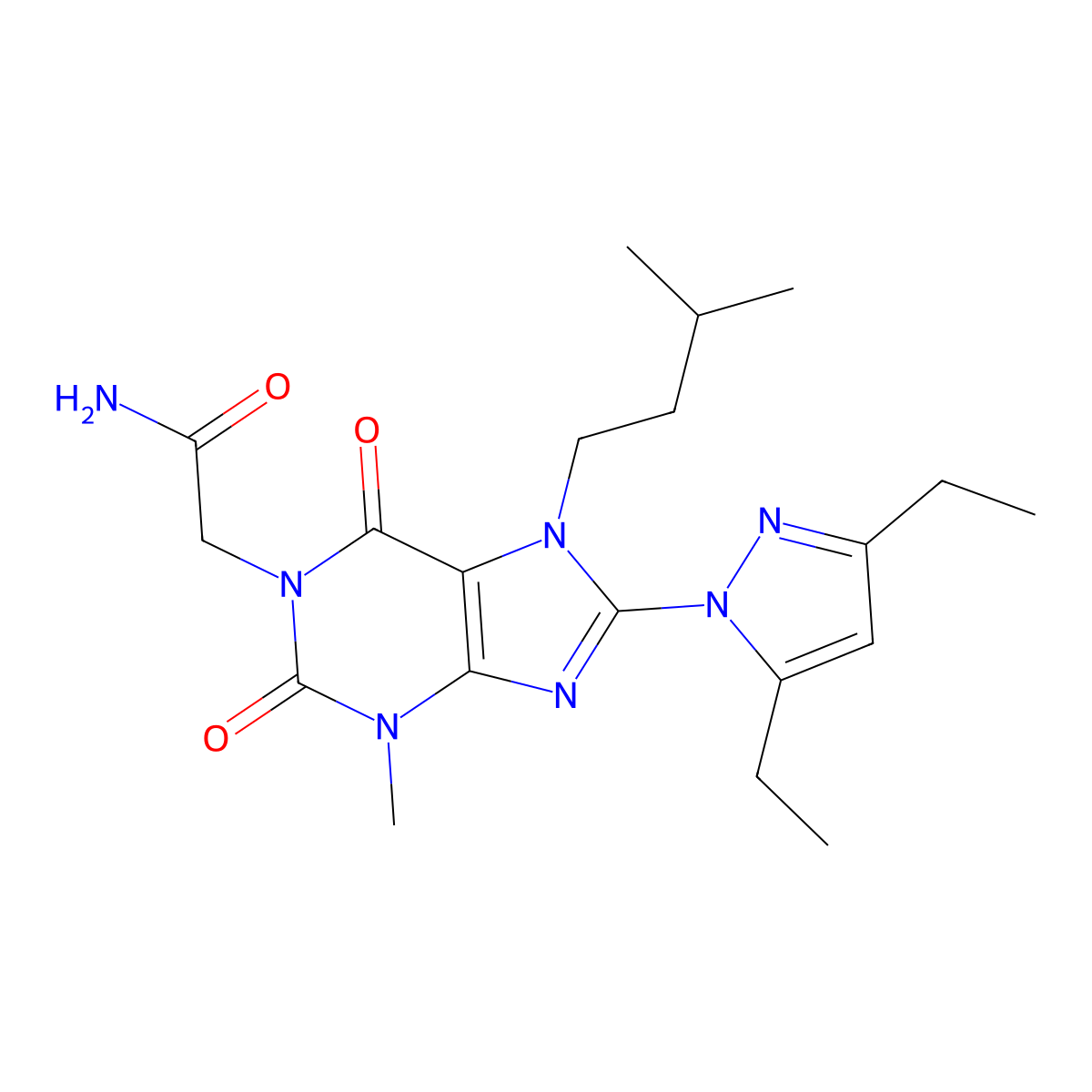 2-[8-(3,5-diethyl-1H-pyrazol-1-yl)-3-methyl-7-(3-methylbutyl)-2,6-dioxo-2,3,6,7-tetrahydro-1H-purin-1-yl]acetamide molecular structure, CAS 1014031-66-3