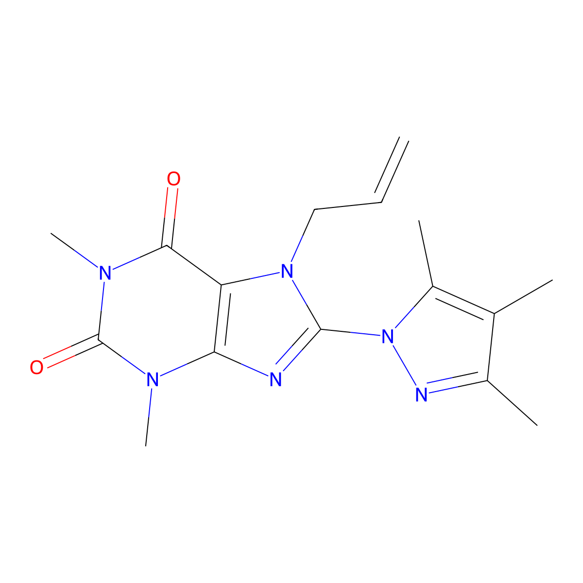 1,3-dimethyl-7-(prop-2-en-1-yl)-8-(3,4,5-trimethyl-1H-pyrazol-1-yl)-2,3,6,7-tetrahydro-1H-purine-2,6-dione molecular structure, CAS 1014031-77-6