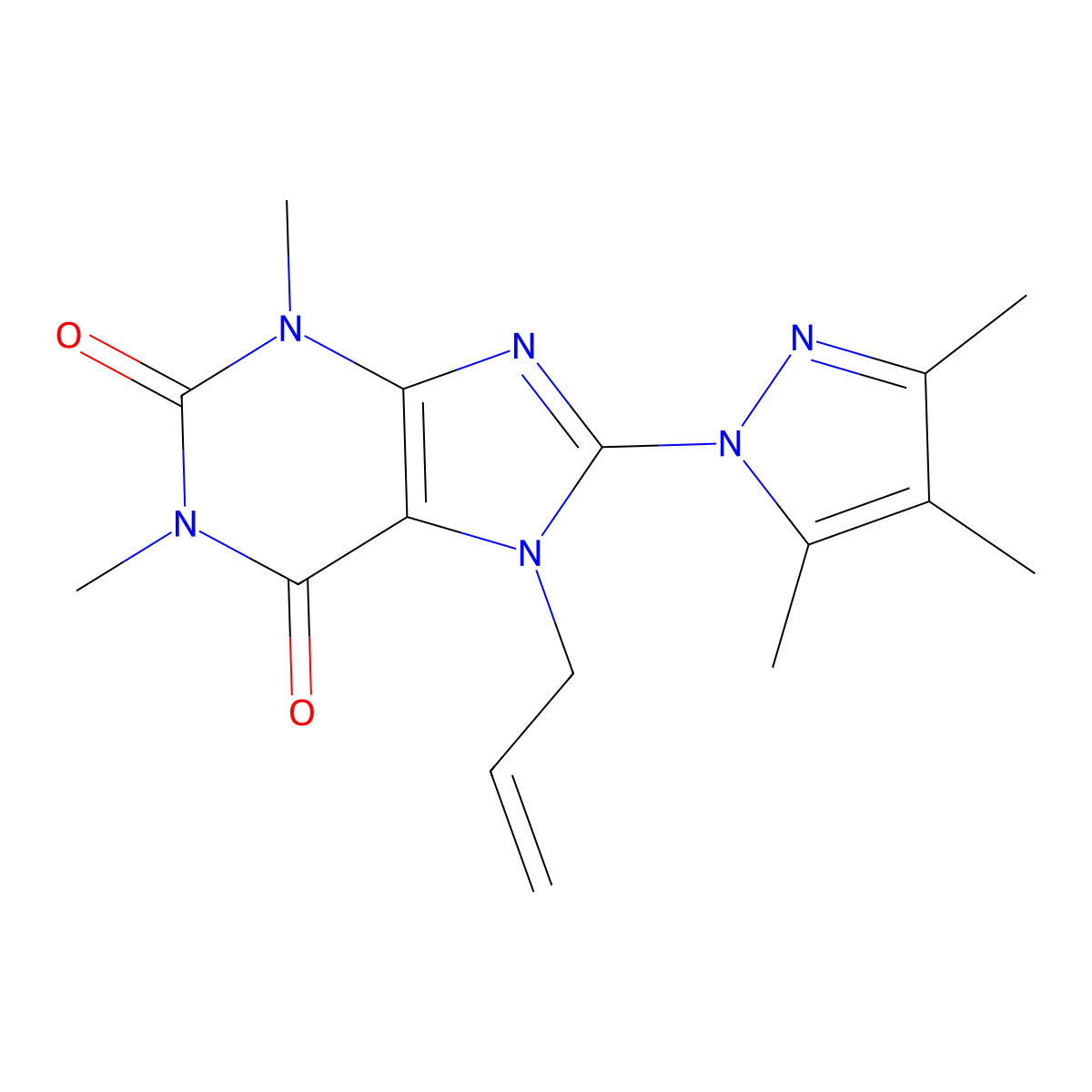 1,3-dimethyl-7-(prop-2-en-1-yl)-8-(3,4,5-trimethyl-1H-pyrazol-1-yl)-2,3,6,7-tetrahydro-1H-purine-2,6-dione molecular structure, CAS 1014031-77-6