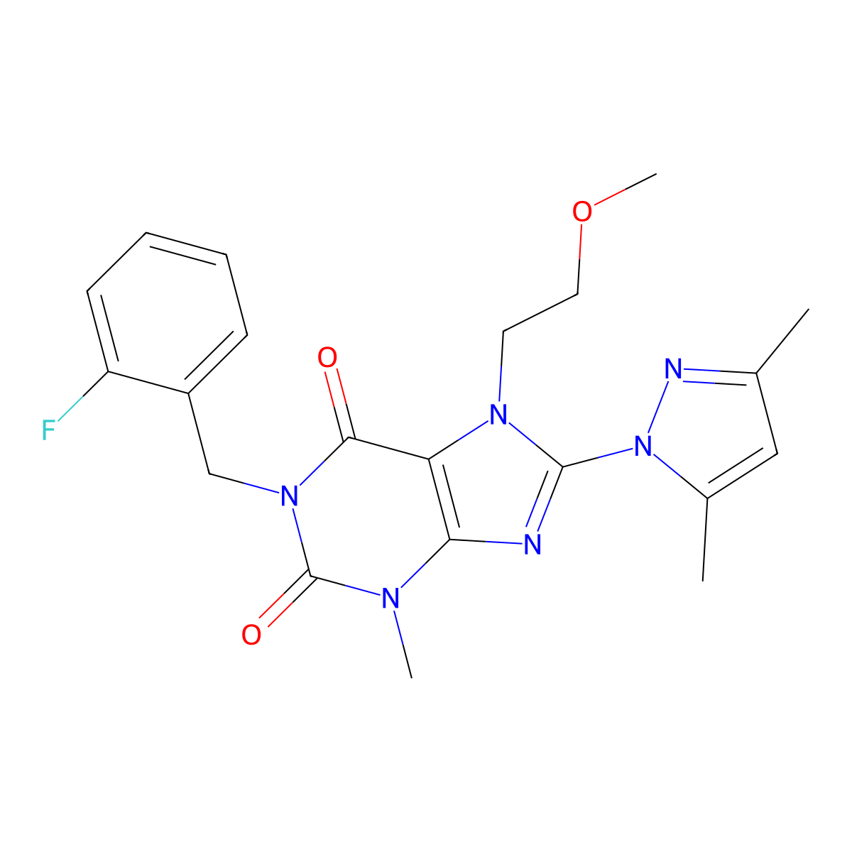 8-(3,5-dimethyl-1H-pyrazol-1-yl)-1-(2-fluorobenzyl)-7-(2-methoxyethyl)-3-methyl-1H-purine-2,6(3H,7H)-dione molecular structure, CAS 1014031-81-2