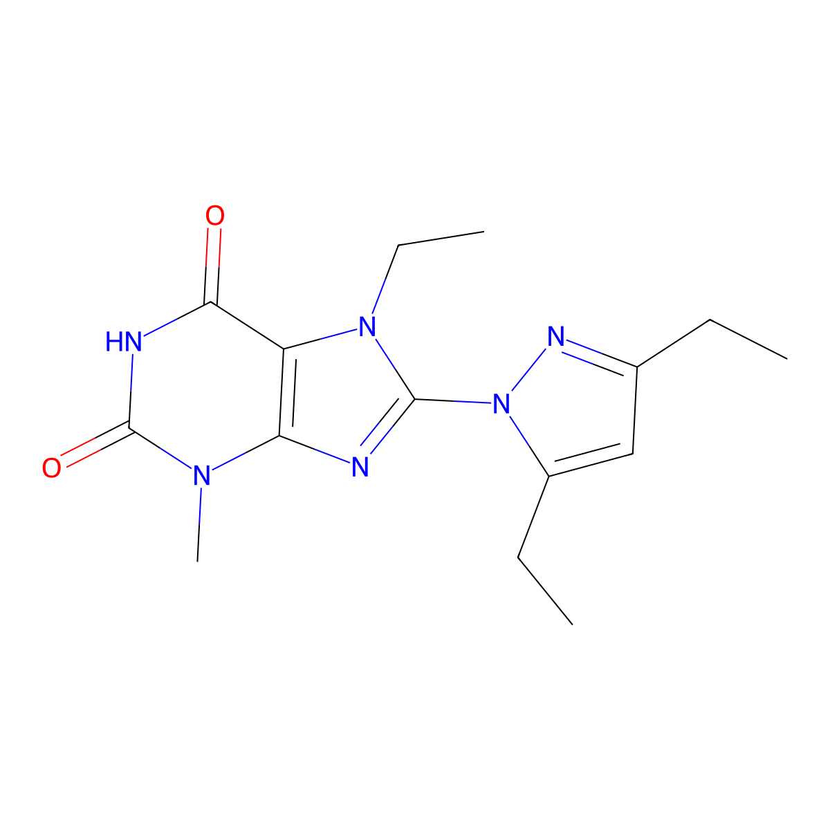 8-(3,5-Diethylpyrazolyl)-7-ethyl-3-methyl-1,3,7-trihydropurine-2,6-dione molecular structure, CAS 1014031-83-4