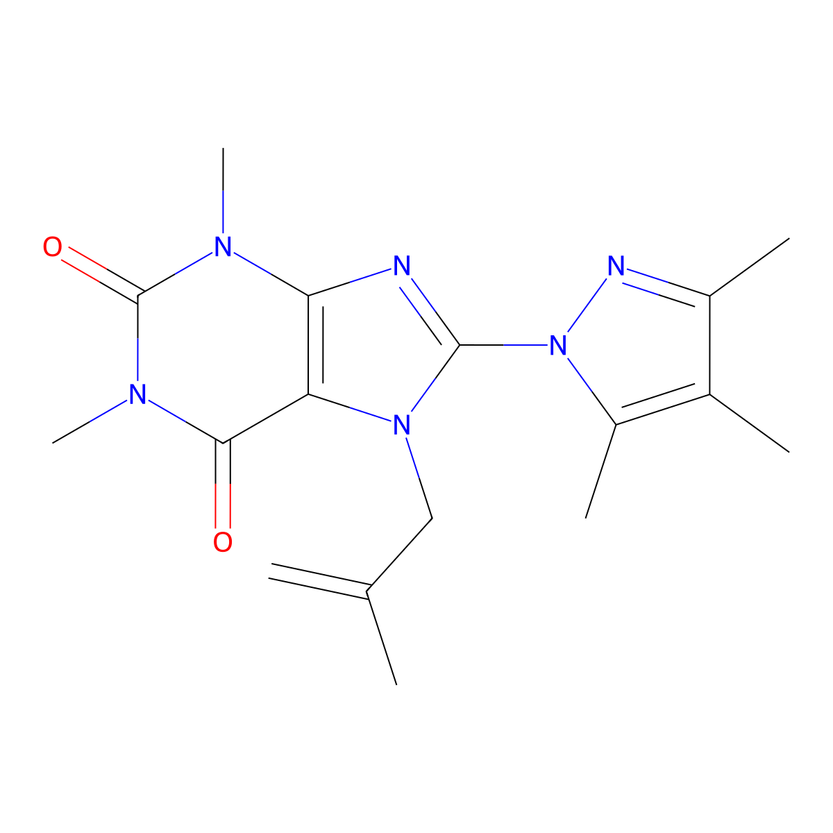 1,3-dimethyl-7-(2-methylprop-2-en-1-yl)-8-(3,4,5-trimethyl-1H-pyrazol-1-yl)-2,3,6,7-tetrahydro-1H-purine-2,6-dione molecular structure, CAS 1014031-87-8