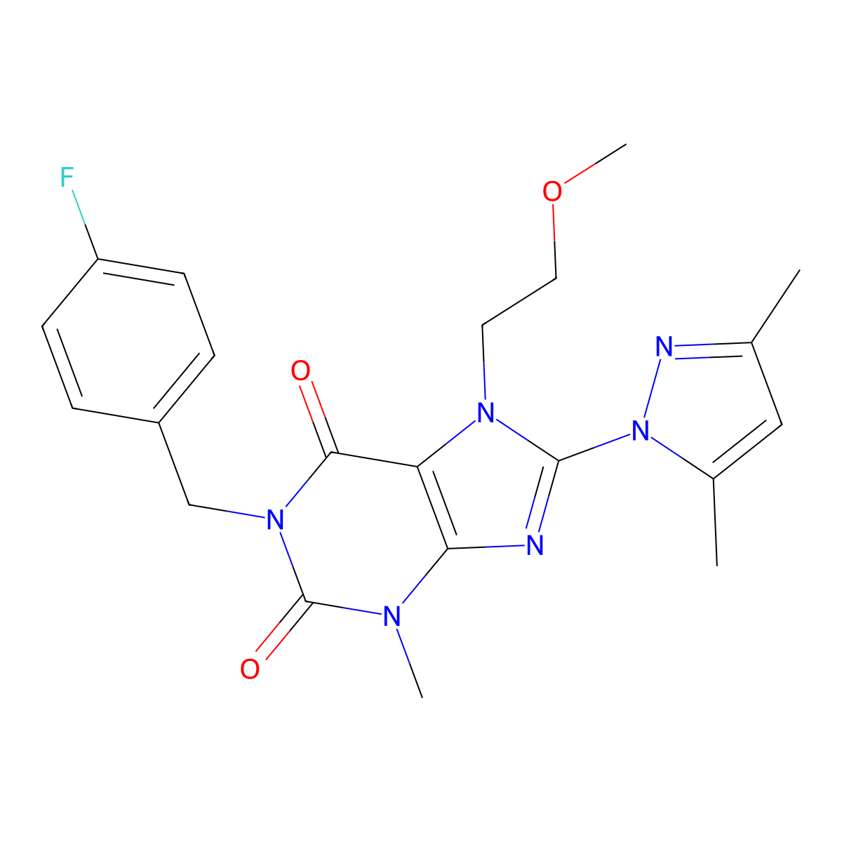8-(3,5-dimethyl-1H-pyrazol-1-yl)-1-(4-fluorobenzyl)-7-(2-methoxyethyl)-3-methyl-1H-purine-2,6(3H,7H)-dione molecular structure, CAS 1014031-93-6