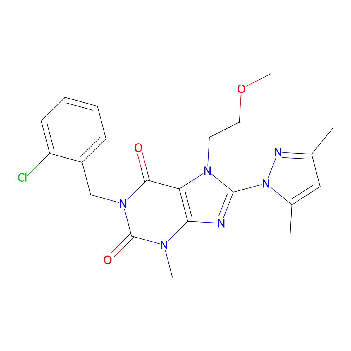 1-(2-chlorobenzyl)-8-(3,5-dimethyl-1H-pyrazol-1-yl)-7-(2-methoxyethyl)-3-methyl-1H-purine-2,6(3H,7H)-dione molecular structure, CAS 1014032-06-4