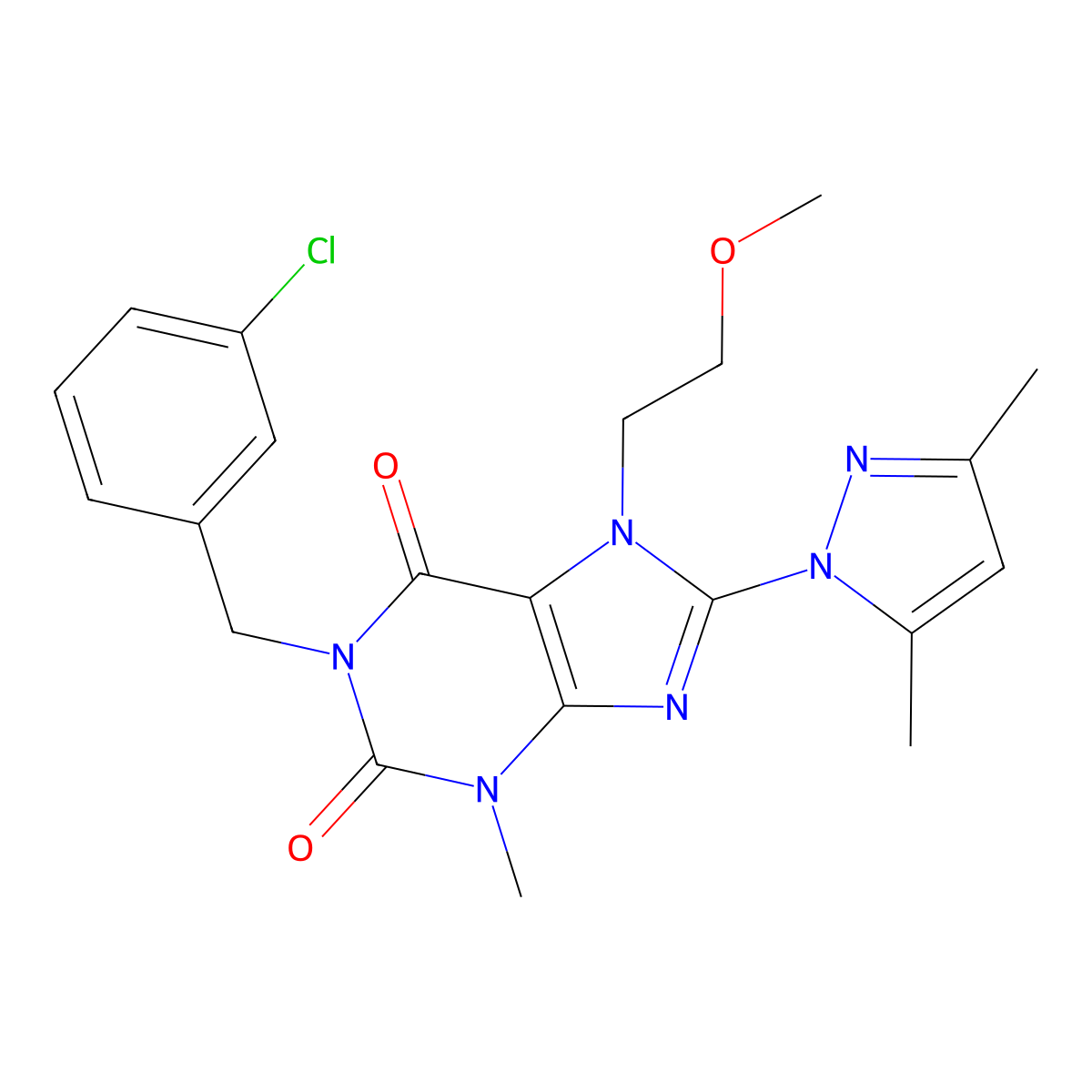 1-(3-chlorobenzyl)-8-(3,5-dimethyl-1H-pyrazol-1-yl)-7-(2-methoxyethyl)-3-methyl-1H-purine-2,6(3H,7H)-dione molecular structure, CAS 1014032-13-3