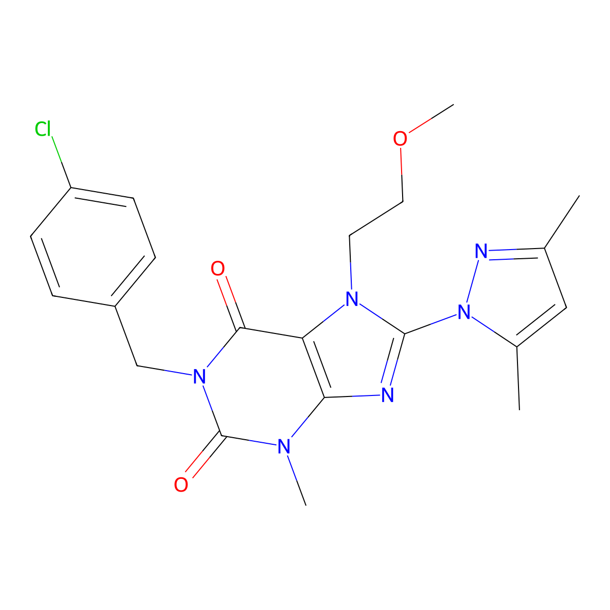 1-(4-chlorobenzyl)-8-(3,5-dimethyl-1H-pyrazol-1-yl)-7-(2-methoxyethyl)-3-methyl-1H-purine-2,6(3H,7H)-dione molecular structure, CAS 1014032-24-6