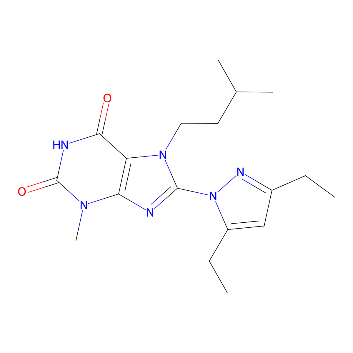 8-(3,5-Diethylpyrazolyl)-3-methyl-7-(3-methylbutyl)-1,3,7-trihydropurine-2,6-d ione molecular structure, CAS 1014032-40-6