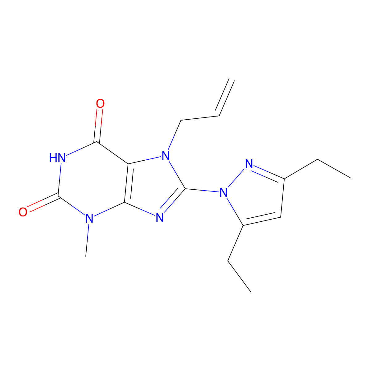 8-(3,5-Diethylpyrazolyl)-3-methyl-7-prop-2-enyl-1,3,7-trihydropurine-2,6-dione molecular structure, CAS 1014032-45-1