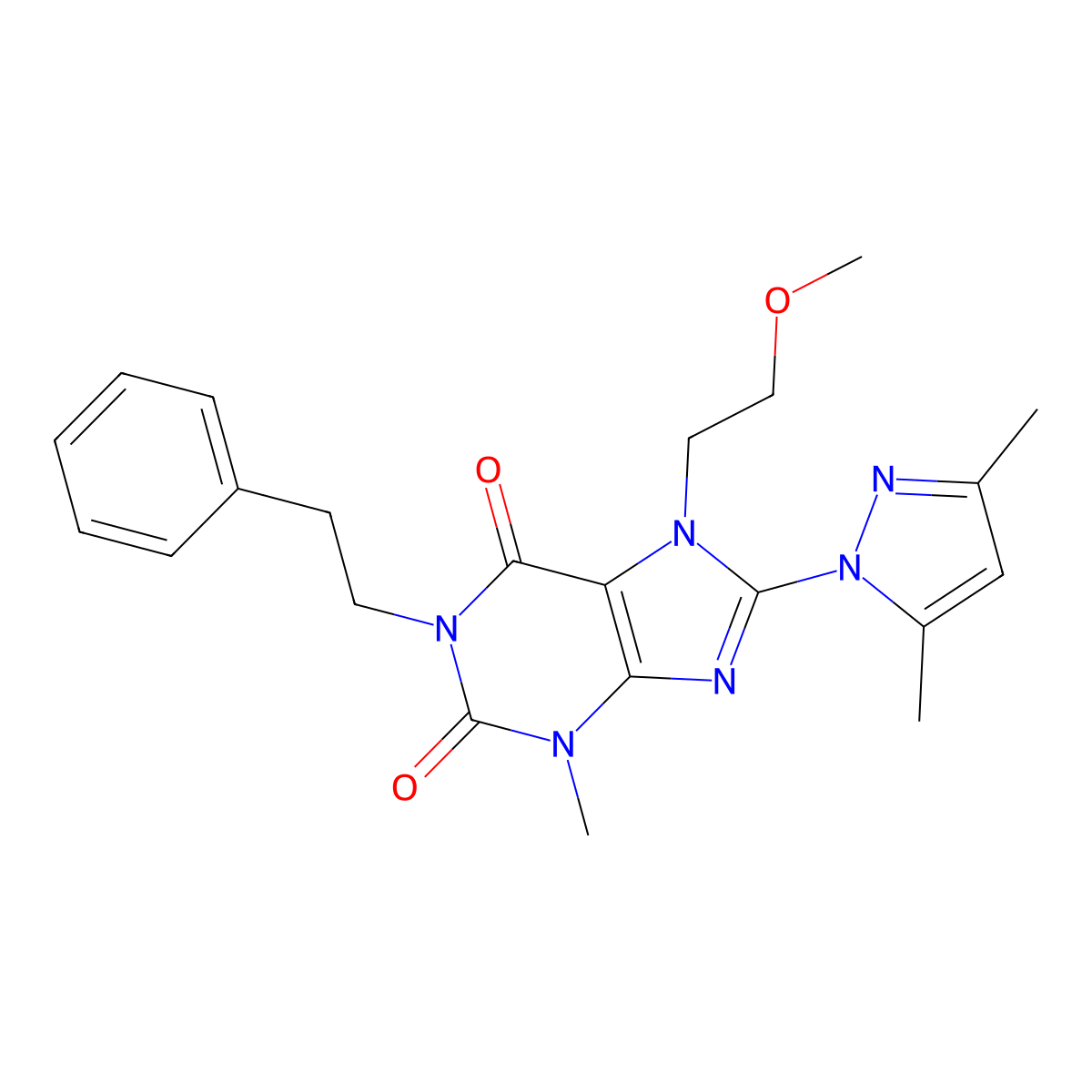 8-(3,5-dimethyl-1H-pyrazol-1-yl)-7-(2-methoxyethyl)-3-methyl-1-(2-phenylethyl)-3,7-dihydro-1H-purine-2,6-dione molecular structure, CAS 1014032-87-1
