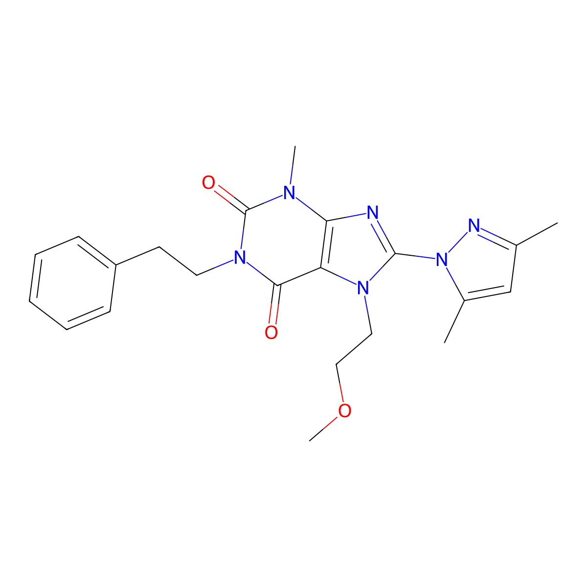 8-(3,5-dimethyl-1H-pyrazol-1-yl)-7-(2-methoxyethyl)-3-methyl-1-(2-phenylethyl)-3,7-dihydro-1H-purine-2,6-dione molecular structure, CAS 1014032-87-1
