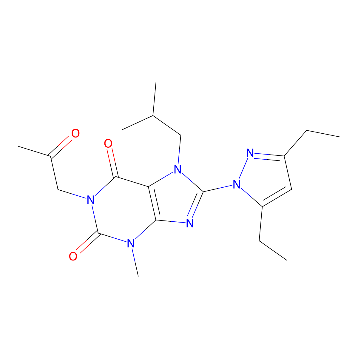 8-(3,5-diethyl-1H-pyrazol-1-yl)-3-methyl-7-(2-methylpropyl)-1-(2-oxopropyl)-2,3,6,7-tetrahydro-1H-purine-2,6-dione molecular structure, CAS 1014032-94-0