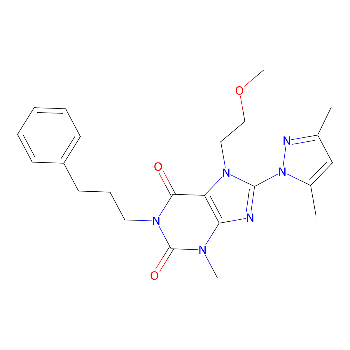 8-(3,5-dimethyl-1H-pyrazol-1-yl)-7-(2-methoxyethyl)-3-methyl-1-(3-phenylpropyl)-1H-purine-2,6(3H,7H)-dione molecular structure, CAS 1014032-96-2