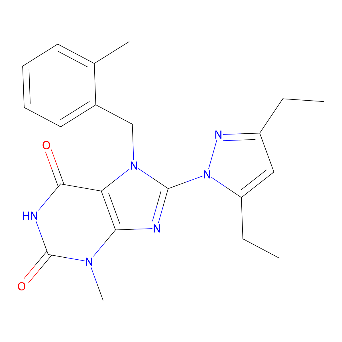 8-(3,5-diethyl-1H-pyrazol-1-yl)-3-methyl-7-[(2-methylphenyl)methyl]-2,3,6,7-tetrahydro-1H-purine-2,6-dione molecular structure, CAS 1014033-01-2