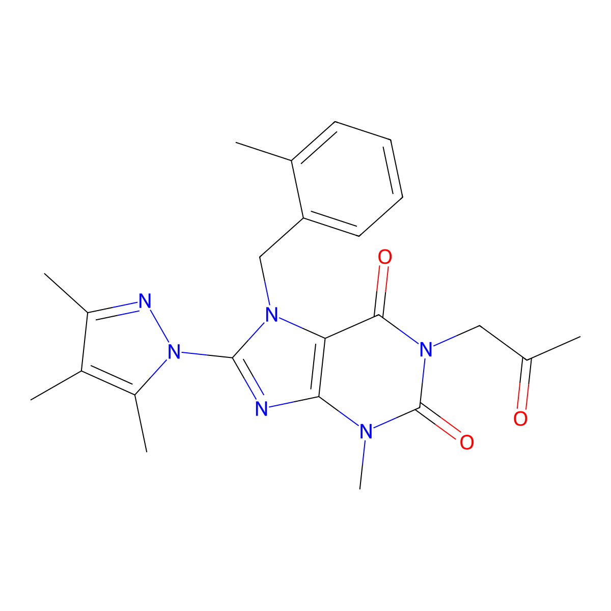 3-Methyl-7-[(2-methylphenyl)methyl]-1-(2-oxopropyl)-8-(3,4,5-trimethylpyrazoly l)-1,3,7-trihydropurine-2,6-dione molecular structure, CAS 1014033-22-7