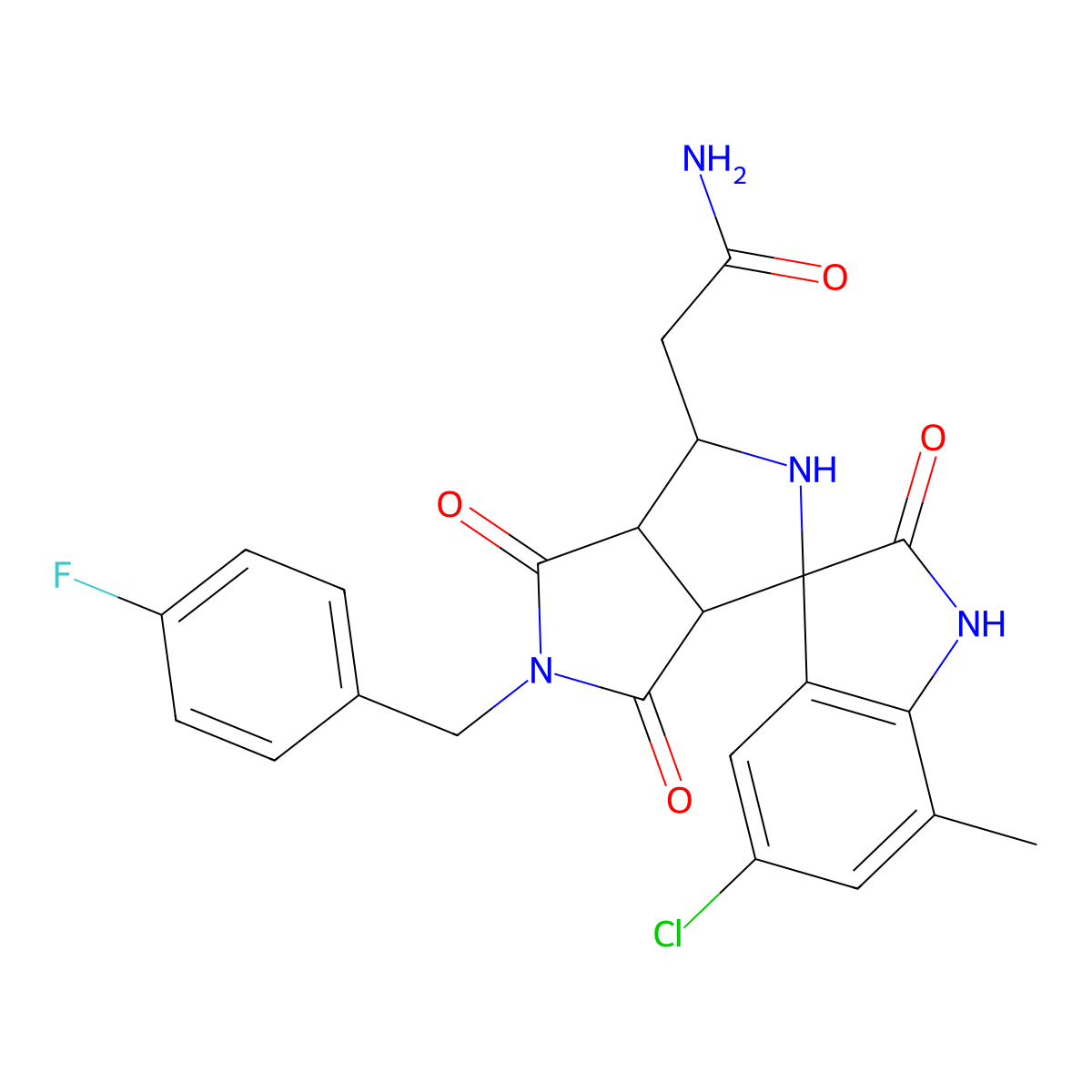 2-[(3aR,6aS)-5'-chloro-5-[(4-fluorophenyl)methyl]-7'-methyl-2',4,6-trioxospiro[1,2,3a,6a-tetrahydropyrrolo[3,4-c]pyrrole-3,3'-1H-indole]-1-yl]acetamide molecular structure, CAS 1014044-36-0