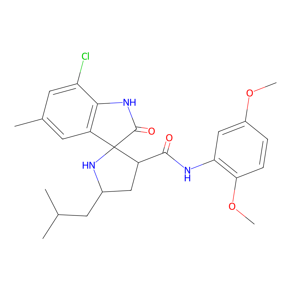 (3R,3'S,5'S)-7-chloro-N-(2,5-dimethoxyphenyl)-5-methyl-5'-(2-methylpropyl)-2-oxospiro[1H-indole-3,2'-pyrrolidine]-3'-carboxamide molecular structure, CAS 1014044-60-0