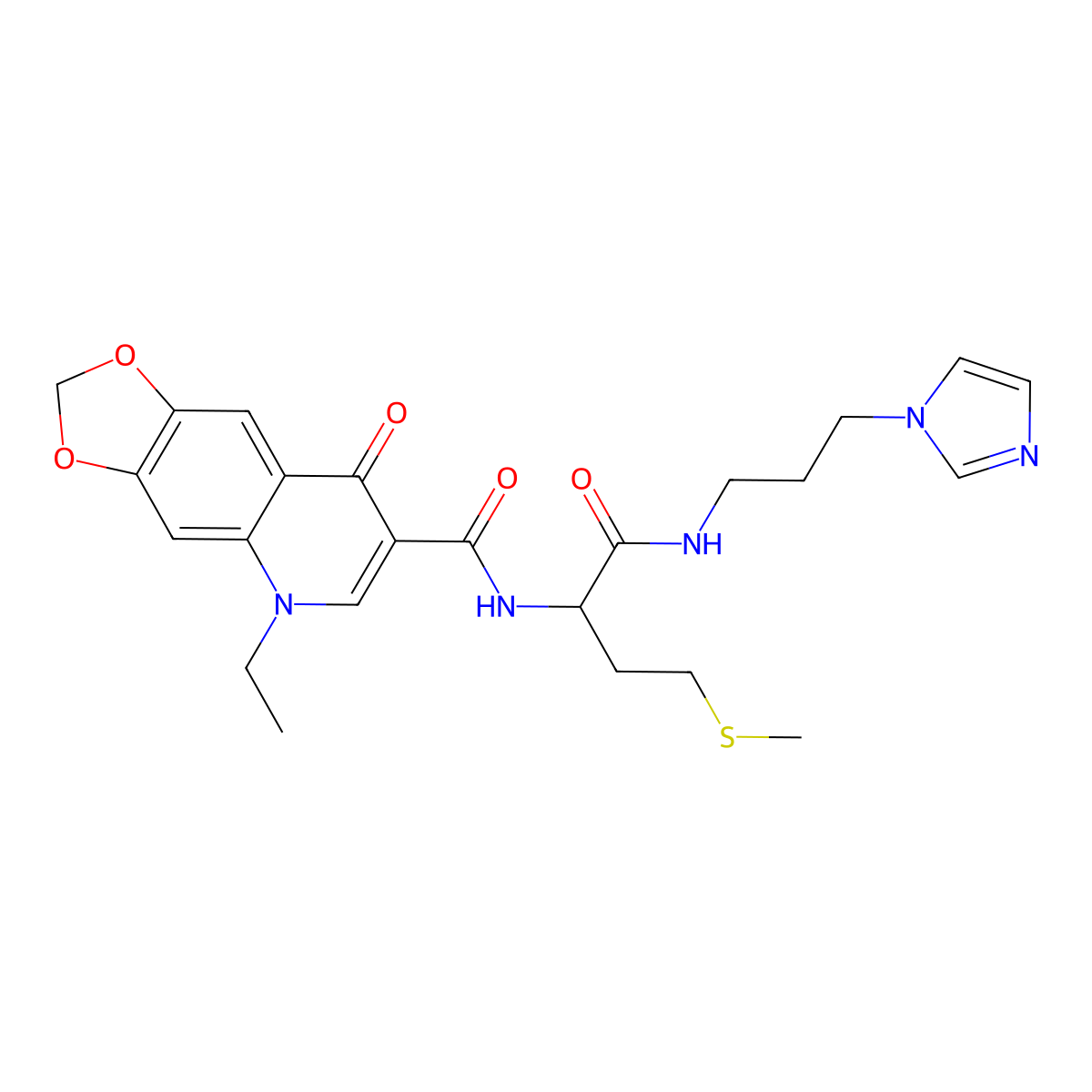 5-ethyl-N-[(2S)-1-{[3-(1H-imidazol-1-yl)propyl]amino}-4-(methylsulfanyl)-1-oxobutan-2-yl]-8-oxo-5,8-dihydro[1,3]dioxolo[4,5-g]quinoline-7-carboxamide molecular structure, CAS 1014044-90-6