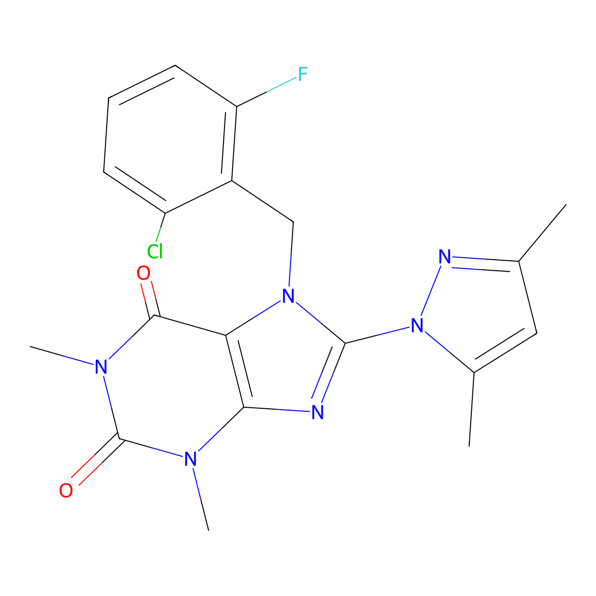 7-(2-chloro-6-fluorobenzyl)-8-(3,5-dimethyl-1H-pyrazol-1-yl)-1,3-dimethyl-1H-purine-2,6(3H,7H)-dione molecular structure, CAS 1014046-55-9